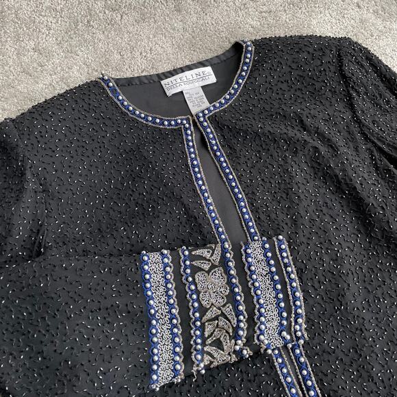 90s Vintage Beaded 100% Silk Evening Jacket Size S Black Blue Party Glam - Picture 8 of 15